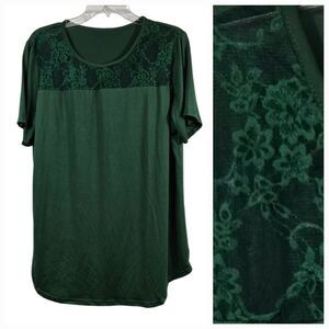 Women's Lace Trim Blouse Dark Green Jersey Knit Short Sleeve Pullover Slinky Top